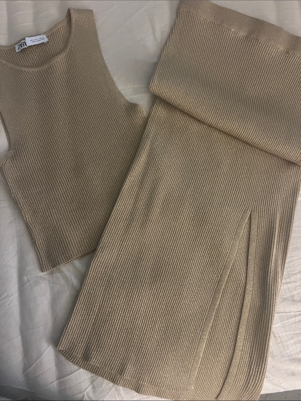 Zara Beige Ribbed Knit Tank & Midi Skirt Set